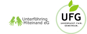 Links: Logo Unterföhring Miteinand eG. Zwei grüne Hände auf der eine kleine weiße Hand liegt und Schriftzug. Rechts: Logo UFG Unverpackt. Fair. Gemeinsam - ein grüner Kreis mit zwei kleinen grünen Blättern am oberen Rand. Im Kreis steht der Schriftzug.