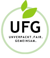Logo UFG Unverpackt. Fair. Gemeinsam. Schriftzug in einem grünen Kreis mit zwei grünen Blättern am oberen Rand